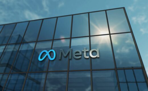 Logo di Meta con sfondo multimediale